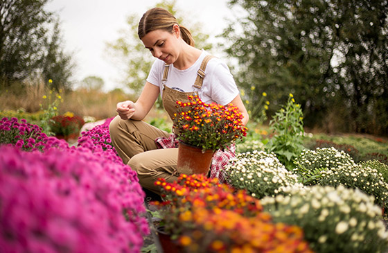 Woman sitting around a bunch of flowers. 