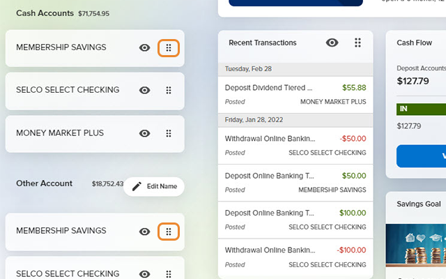 Customize Your Dashboard in the SELCO community credit union step 3. 