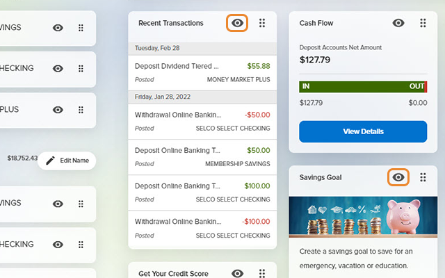 Customize Your Dashboard in the SELCO community credit union step 2. 